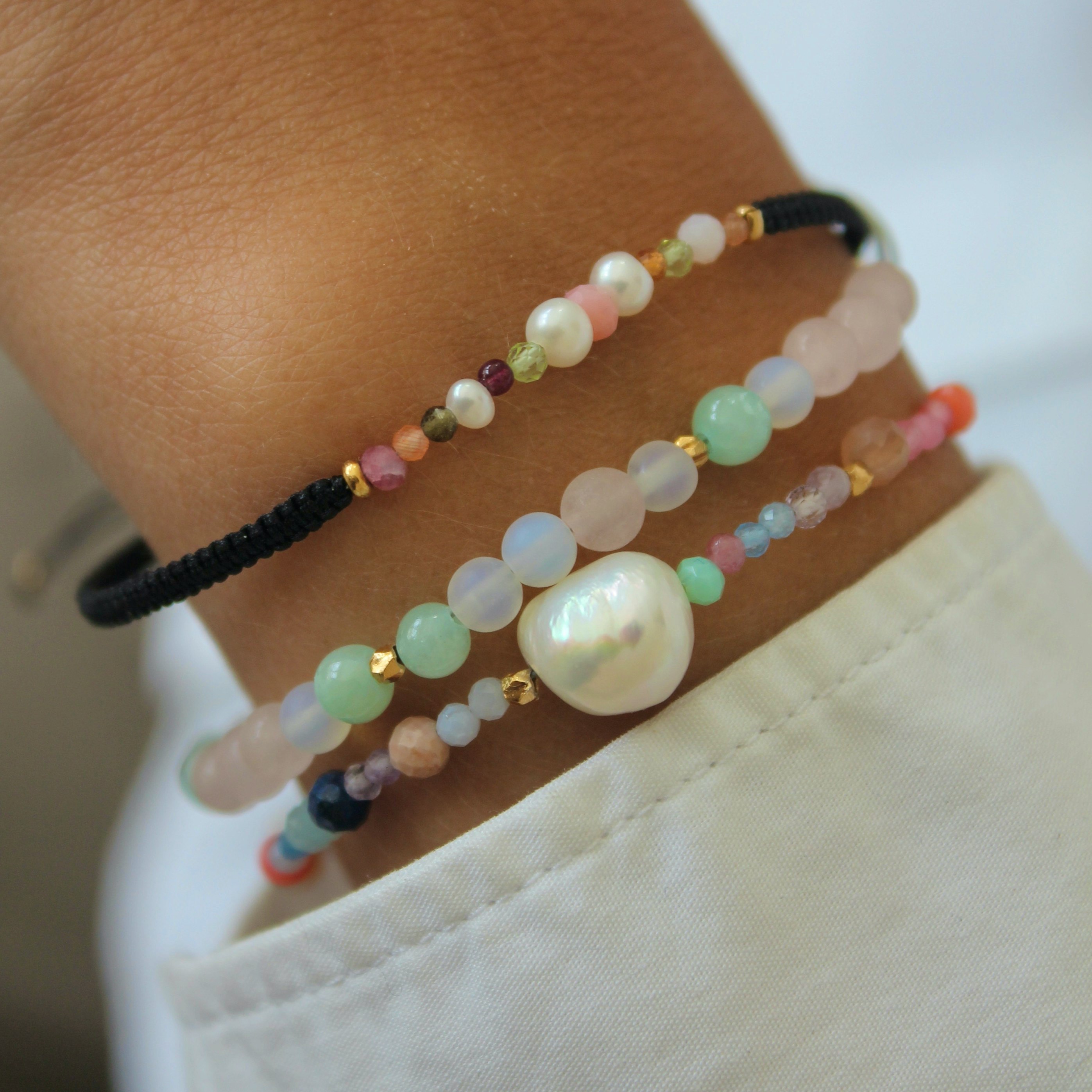 Candy Bracelet - White Forest Mix & Black Ribbon