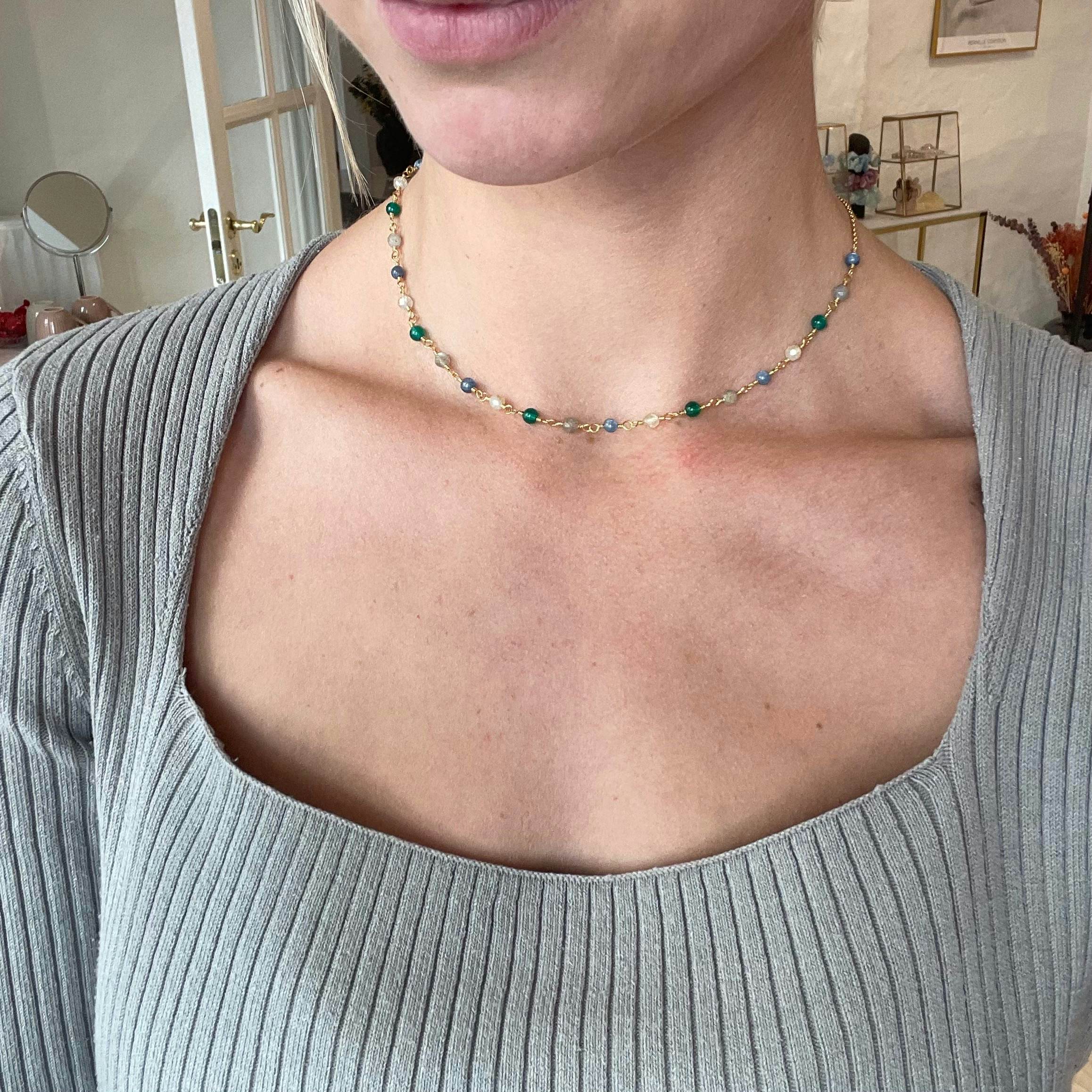 Gem Candy Necklace Confidence from Carré in Goldplated-Silver Sterling 925| , Green Agat, Labradorit,Kyanit