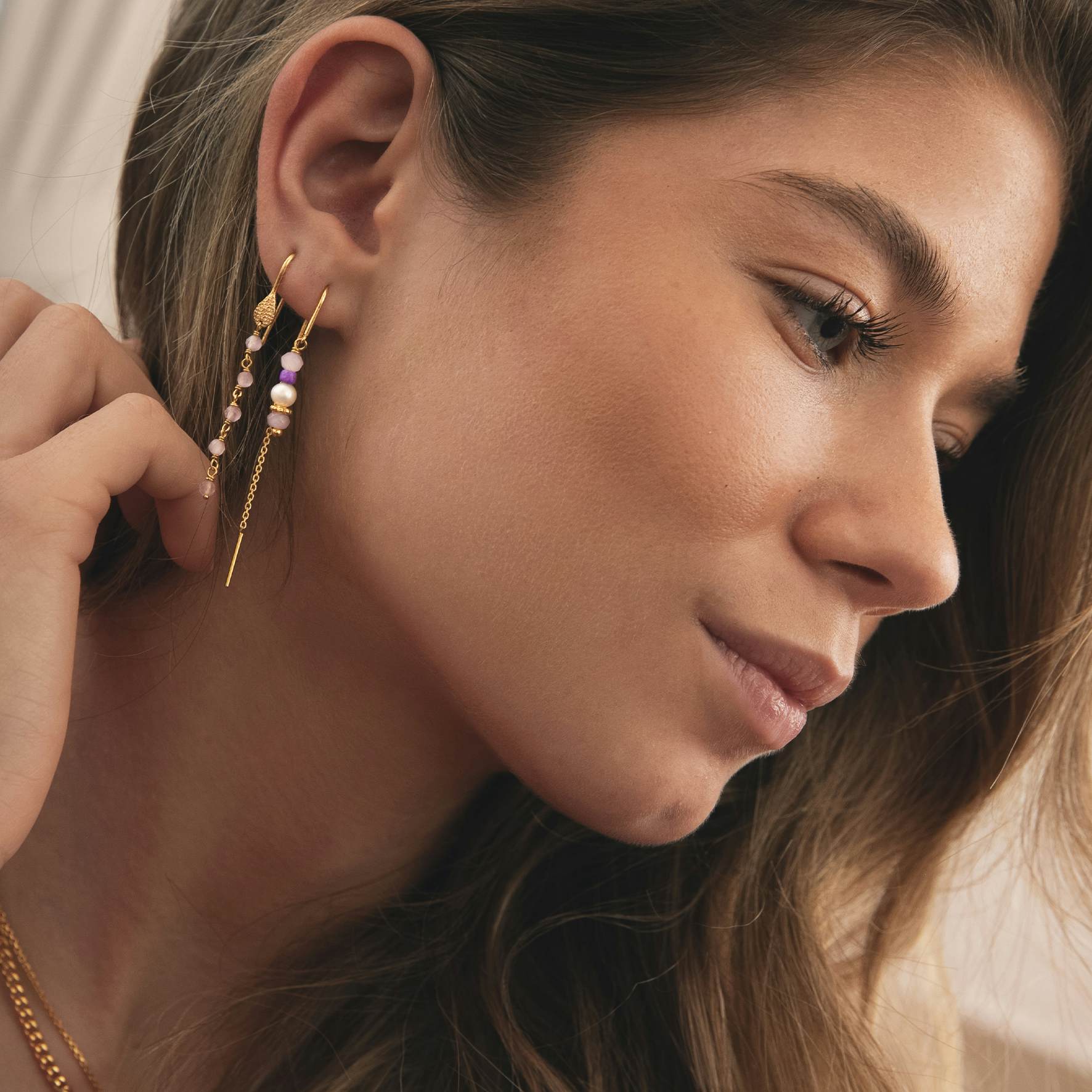Boheme Long Pink Earrings von Sistie in Vergoldet-Silber Sterling 925