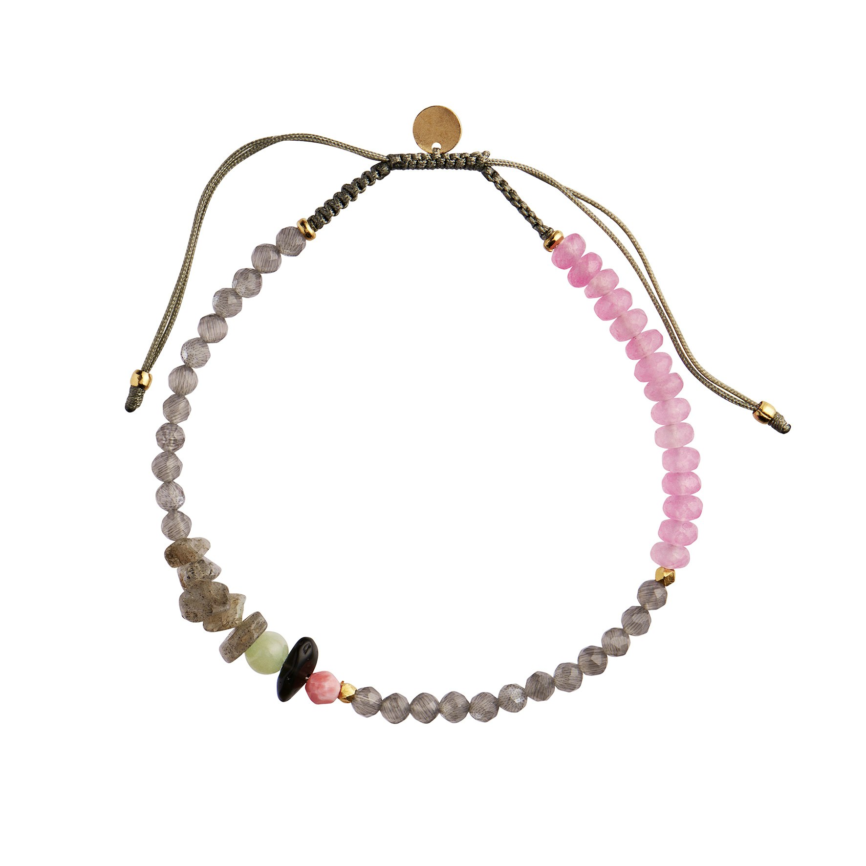 Harmony Bracelet with Calm Grey & Pink Gemstones and Khakigrey Ribbon