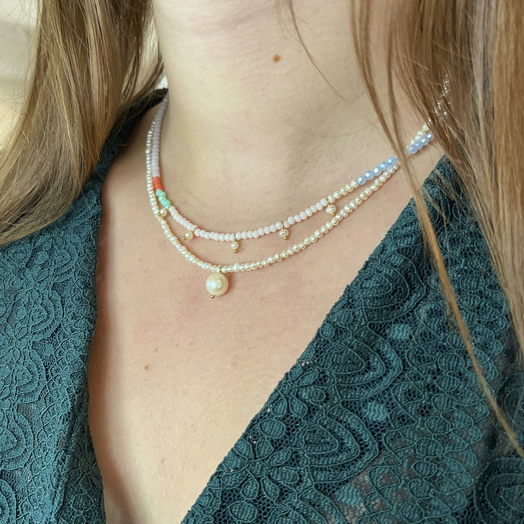 Heavenly Pearl Dream Necklace With Five Pendants Coral & Cool Mint from STINE A Jewelry in Goldplated Silver Sterling 925