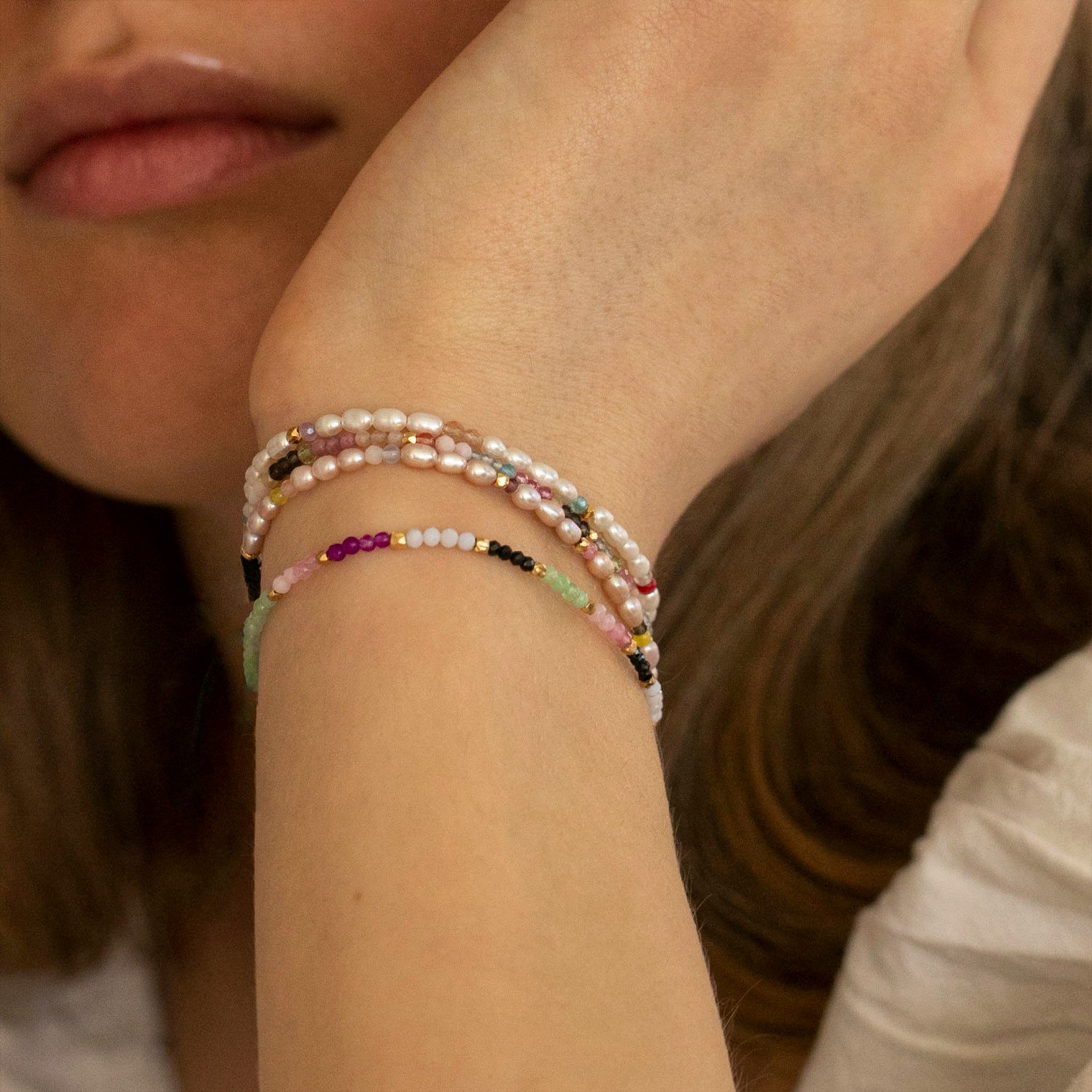 Confetti Pearl Bracelet With Pink Pastel Mix With Pink Ribbon